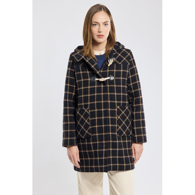 Duffle-coat à carreaux en drap de laine carreaux marine/beige <span itemprop=