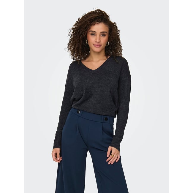 Camisola com decote em V, malha macia marinho <span itemprop=