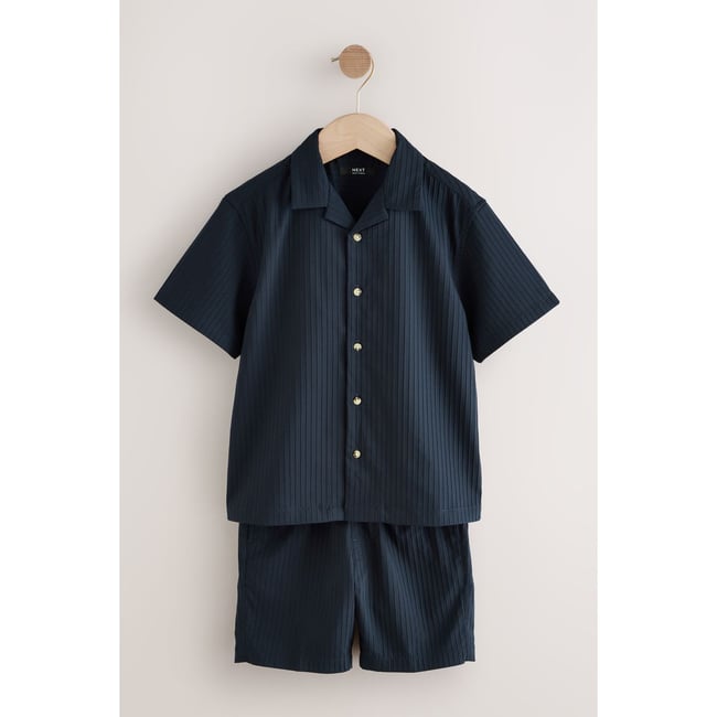 Chemise texturée, col revers short ensemble bleu marine <span itemprop=