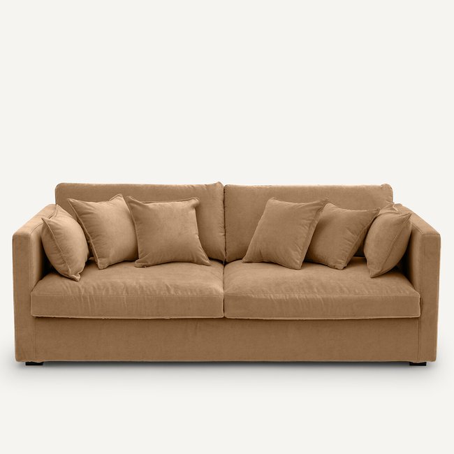 Sofá em veludo stonewashed, Néo Kinkajou bege <span itemprop=