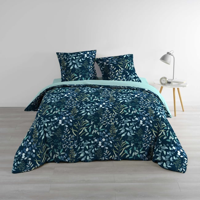 Parure de lit 3 pièces 100% coton à motif végétal housse + taies bleu <span itemprop=