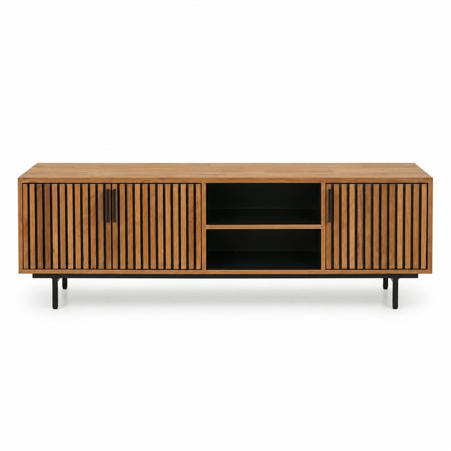 Meuble TV 3 portes 2 niches teck recyclé FANO Couleur bois naturel <span itemprop=