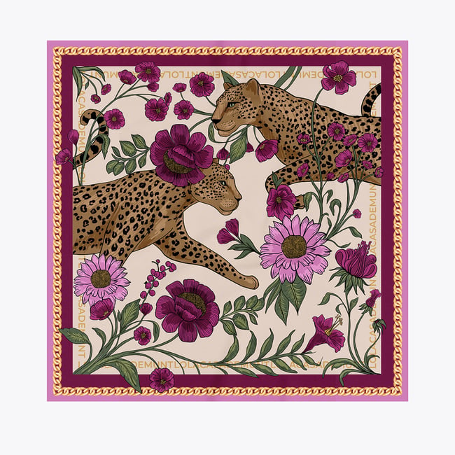 Foulard en polyester imprimé léopard fleuri rose <span itemprop=