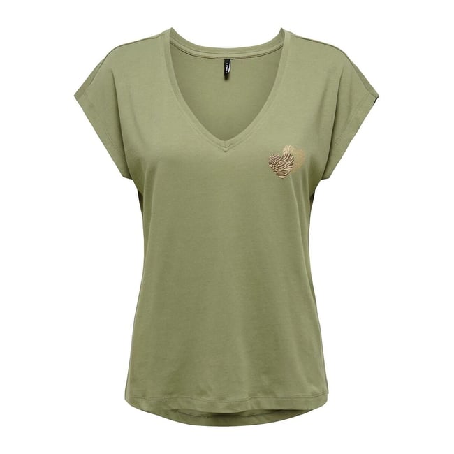 T-shirt con scollo a V e cuore sul petto verde kaki ONLY