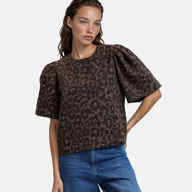 Blouse en jacquard léopard à manches bouffantes imprimé léopard <span itemprop=