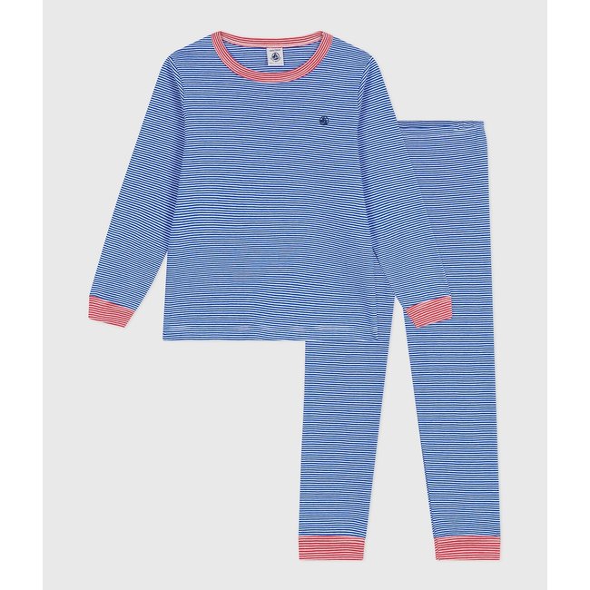 Gestreifter Pyjama aus 100% Baumwolle blau uni <span itemprop=