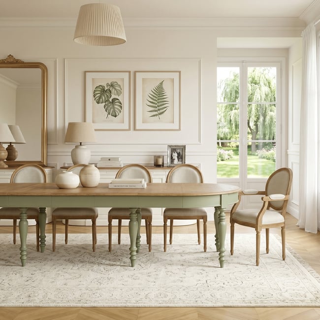 Table à manger modulable, plateau en chêne, 14 couverts JADE Couleur vert <span itemprop=