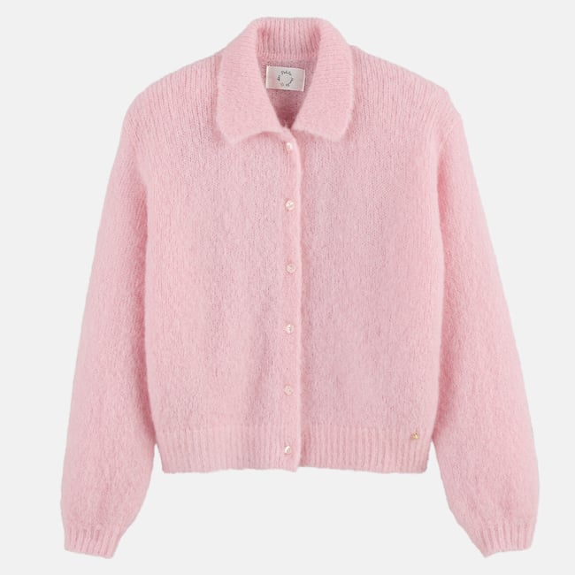 Gilet abbottonato, collo a polo, ALPOLO rosa pallido DES PETITS HAUTS