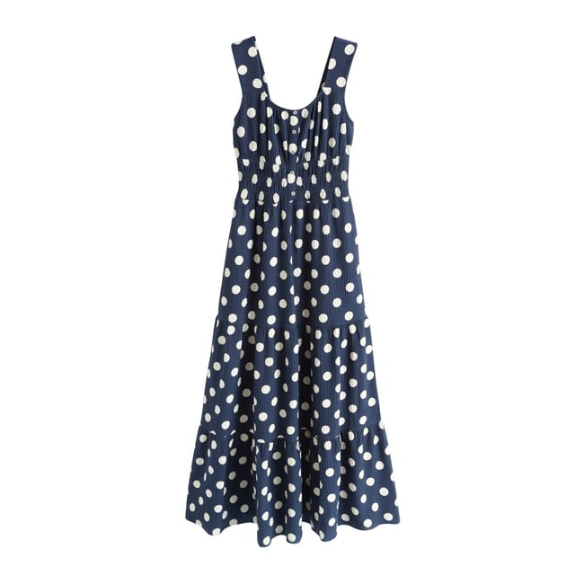 Robe été mi-longue sans manches en jersey bleu marine à pois <span itemprop=
