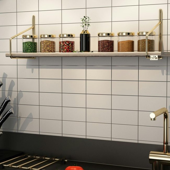 Étagère murale cuisine - bois clair, supports dorés AVIALA Couleur bois naturel <span itemprop=