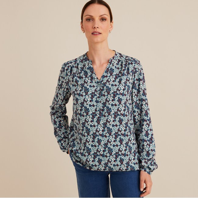 Bluse mit Henley-Ausschnitt & Blumenmuster blau bedruckt <span itemprop=