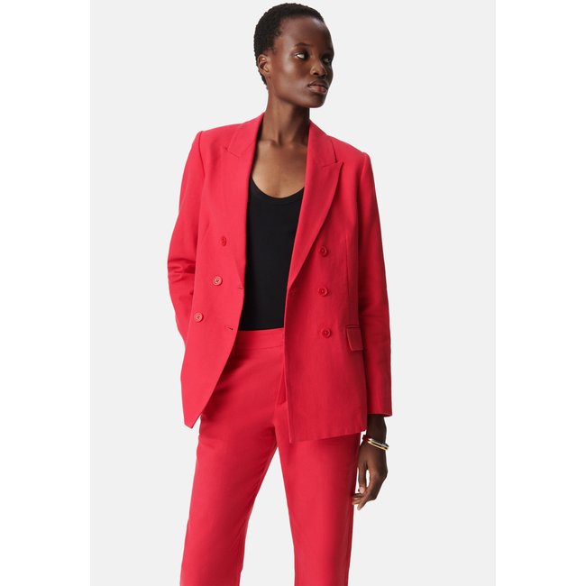 Veste de costume rouge lin et coton croisée rouge foncé <span itemprop=