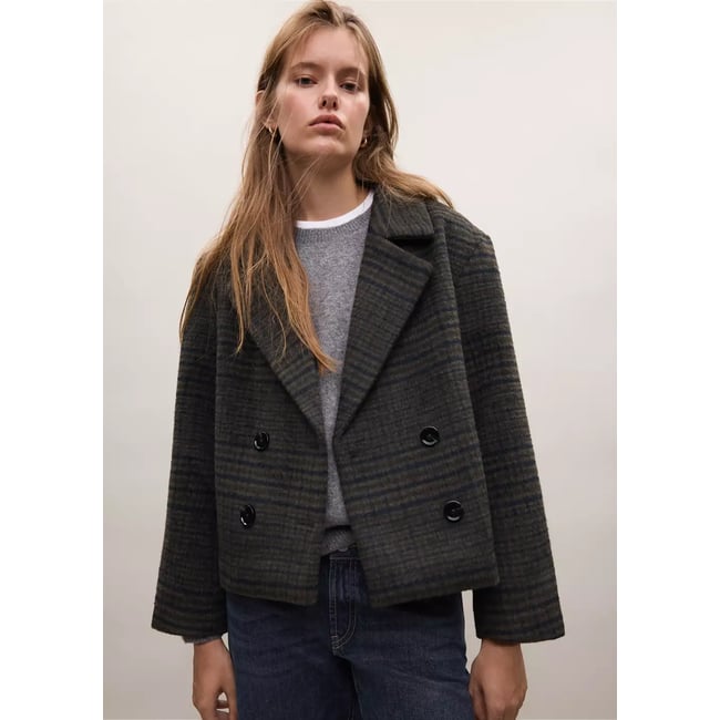 Manteau à carreaux laine mélangée chocolat <span itemprop=