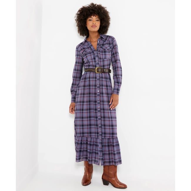 Robe Longue à Carreaux Boutonnée Western bleu <span itemprop=