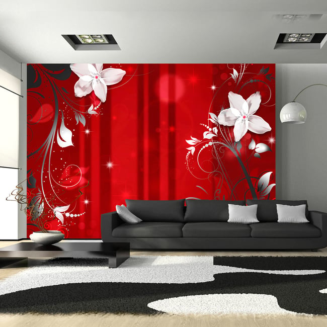 Papier peint intissé panoramique Fleurs Flowering scarlet Couleur gris / argent <span itemprop=