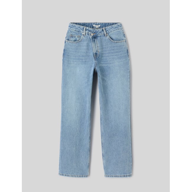 Jean straight ceinture asymétrique bleu moyen <span itemprop=