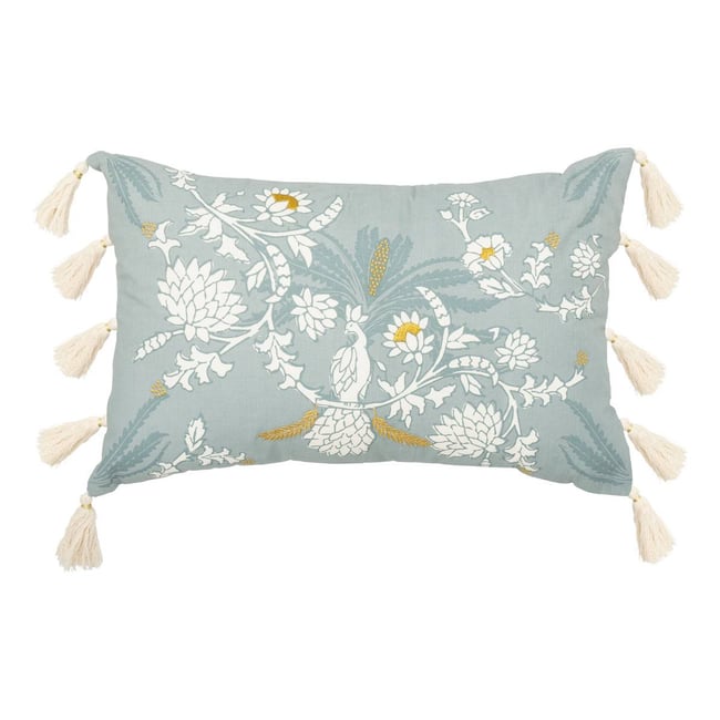 Coussin déhoussable en coton brodé WILD vert céladon <span itemprop=