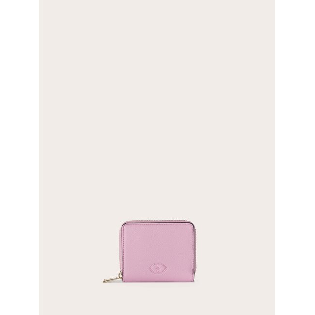 Petit portefeuille avec fermeture éclair sur le pourtour en tissu enduit effet Saffiano rose <span itemprop=