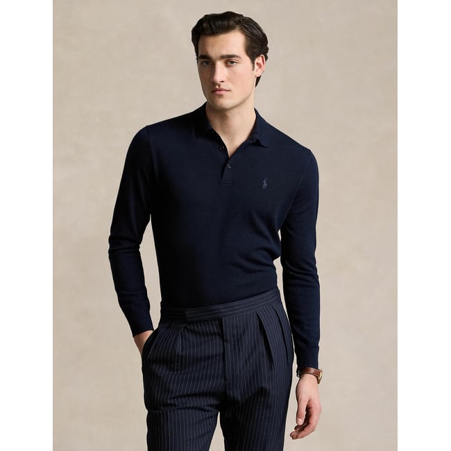 Pull col polo en laine  bleu marine <span itemprop=