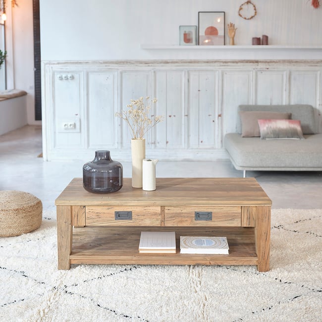 Table basse en bois de teck recyclé 120 cm  CARGO Couleur naturel <span itemprop=