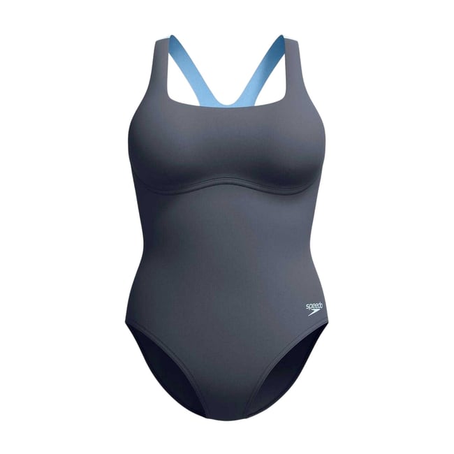 Maillot de bain uni 1 pièce à col carré gris <span itemprop=