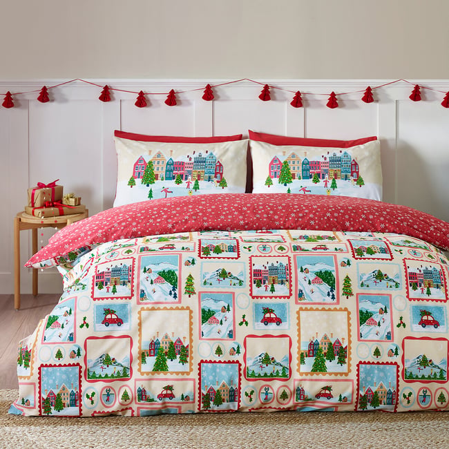 Town Stamps Christmas Reversible Duvet Cover and Pillowcase Set, natural, CATHERINE LANSFIELD