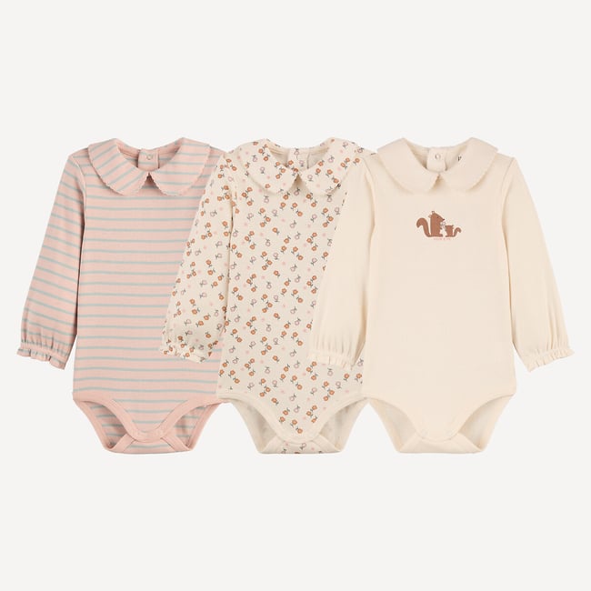 Lot de 3 bodies manches longues à col, motifs fleurs rayures et écureuils ecru + rose <span itemprop=