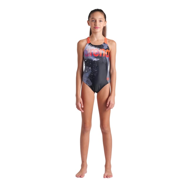 Maillot de bain arena Feel Light Tricks Swim Pro Back pour fille black-calypso coral-multi <span itemprop=