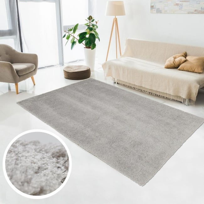 Tapis longs poils shaggy fait à la main motif uni CHIC Couleur gris <span itemprop=