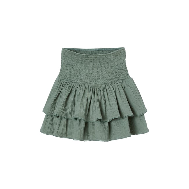 Jupe à volants taille smockée vert sauge <span itemprop=