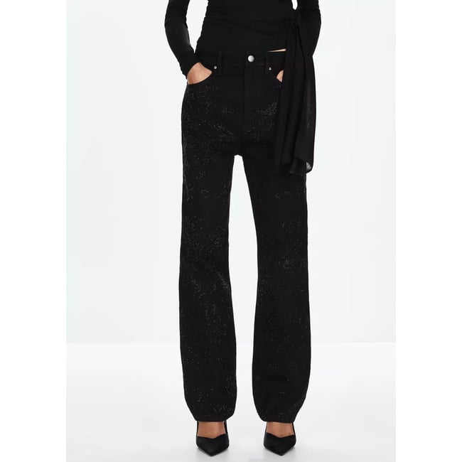 Jean droit détail cristaux black denim <span itemprop=