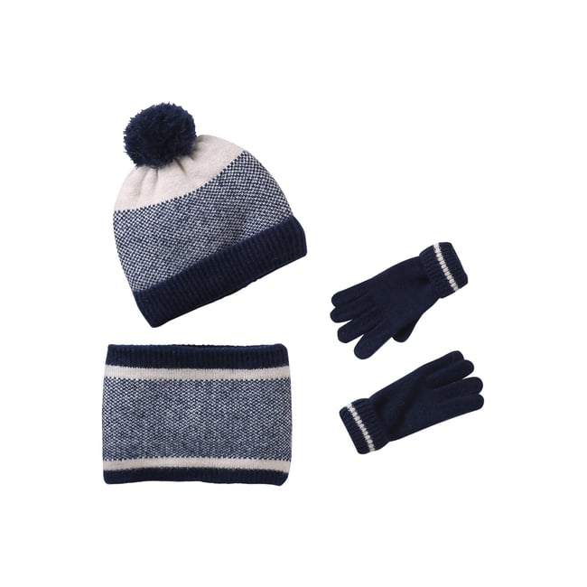 Ensemble bonnet, snood et gants marine <span itemprop=