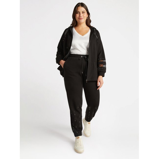 Pantalon de jogging en molleton avec rangée de strass brodés en bas de jambe noir <span itemprop=
