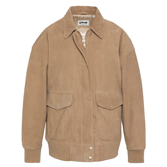 Blouson aviateur coupe oversize, chèvre velours beige <span itemprop=
