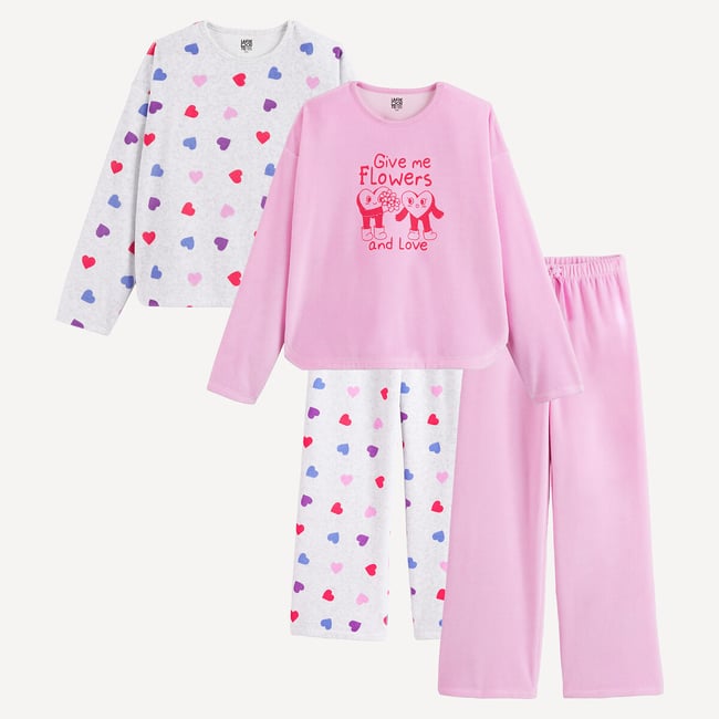 Lote de 2 pijamas de terciopelo, estampado de corazones rosa + gris jaspeado <span itemprop=