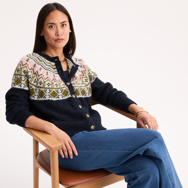 Cardigan jacquard, en alpaga mélangé jacquard bleu marine <span itemprop=