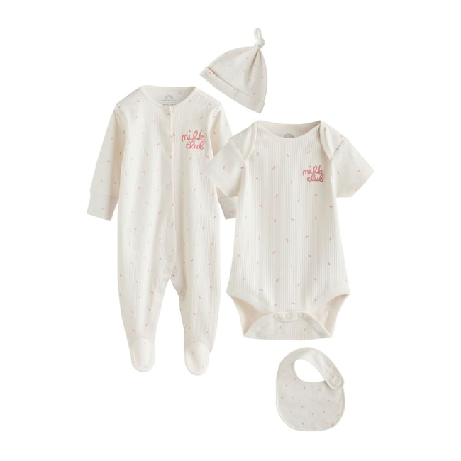 Dors-bien, body, bavoir et bonnet bébé, 4 pcs club du lait à la crème <span itemprop=
