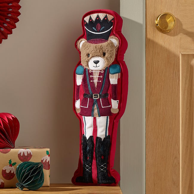 Christmas Nutcracker Bear 3D Shaped Cushion, red, CATHERINE LANSFIELD