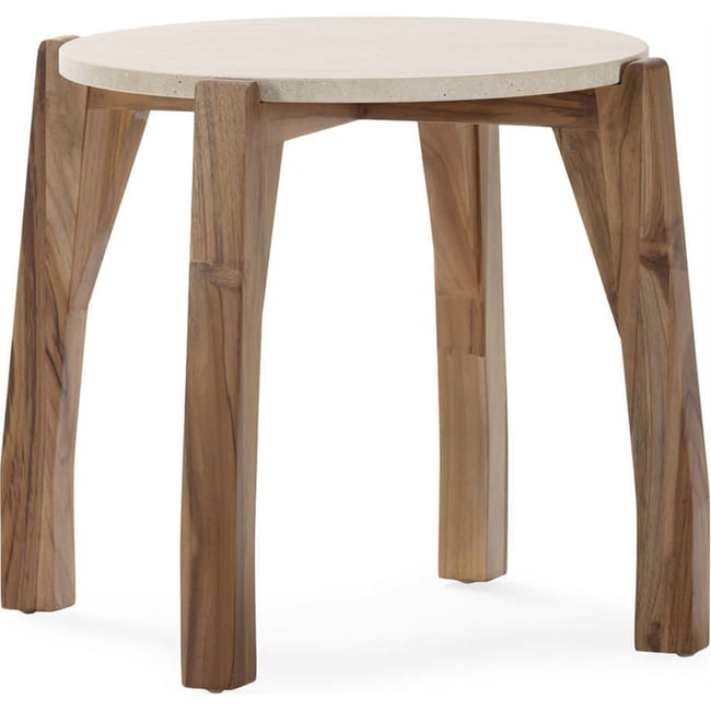 Table d'appoint ronde en teck et travertin Couleur naturel et crème <span itemprop=