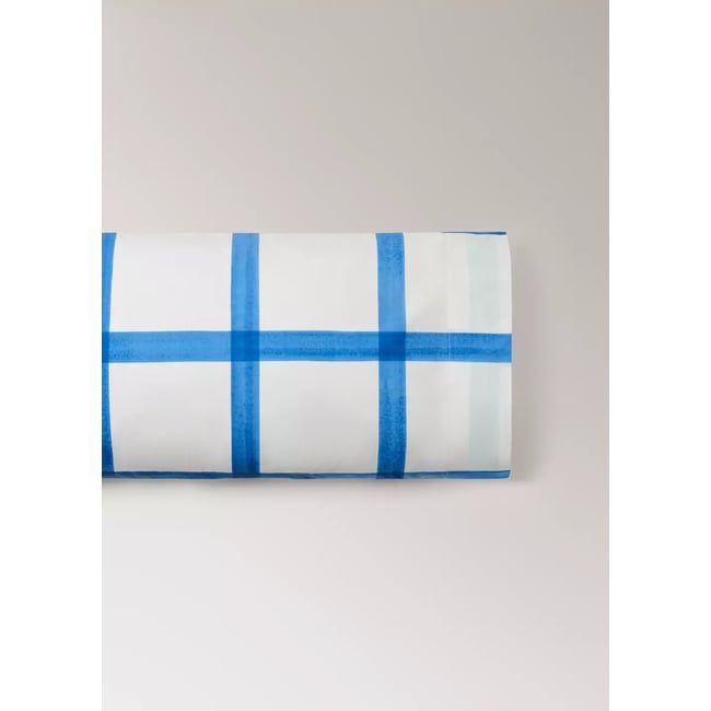 Taie d’oreiller en coton percale à carreaux effet aquarelle 45x110 cm bleu <span itemprop=