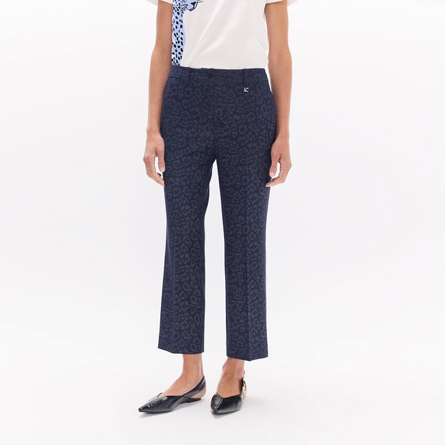 Pantalon évasé à motif léopard jacquard bleu marine <span itemprop=