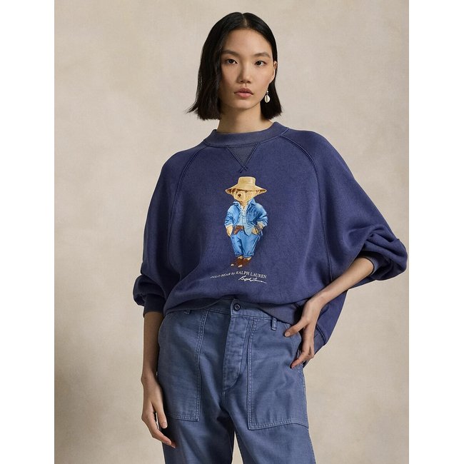 Sweat oversize col rond manches longues ourson bleu foncé <span itemprop=
