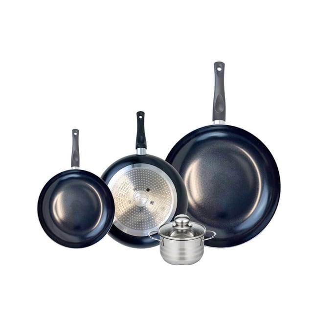 Batterie 3 poêles 20/24/32cm + 1 faitout 12cm PRIMA BRILLANT noir <span itemprop=