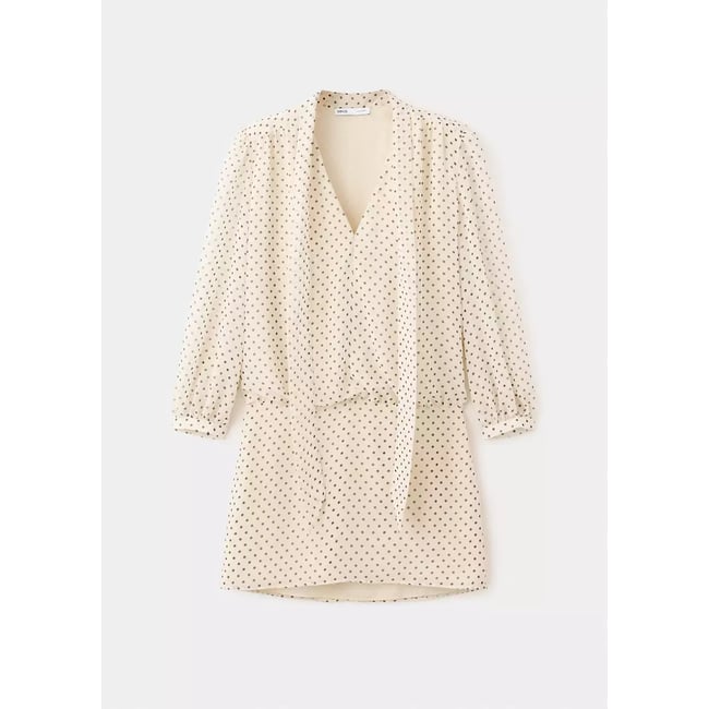 Robe à pois avec détail foulard écru <span itemprop=