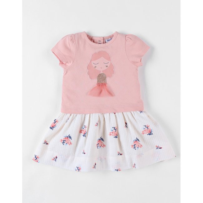 Robe bi-matière à manches courtes impression fleurie, poudré rose <span itemprop=