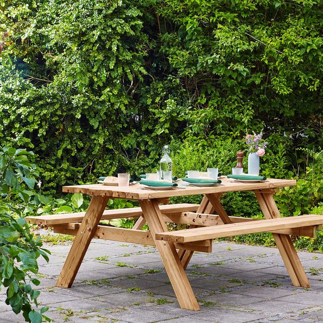 Table de pique-nique en bois 6 places avec bancs repliables marron <span itemprop=