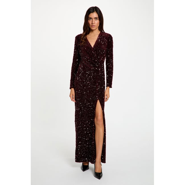 Robe longue ajustée sequins prune <span itemprop=