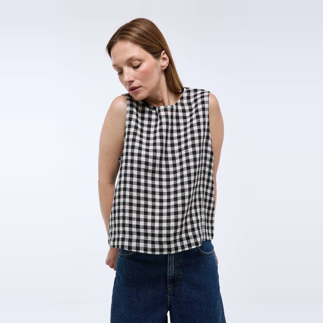 Top sans manches vichy en lin noir <span itemprop=
