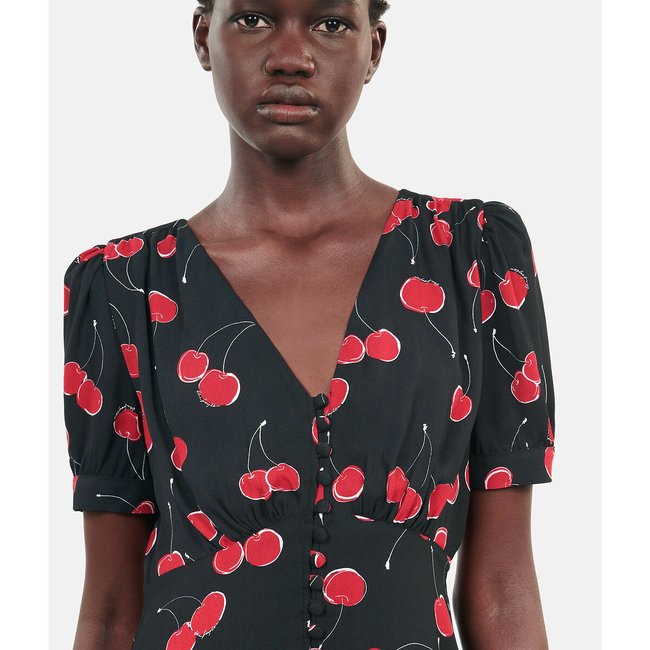 Cherry print midi dress with v neck and short sleeves black print red The Kooples La Redoute