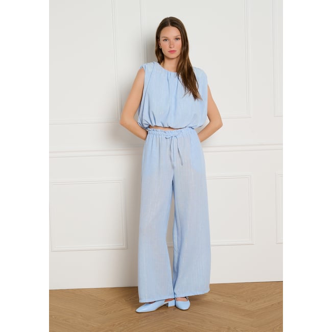 Pantalon fluide texturé bleu pastel <span itemprop=